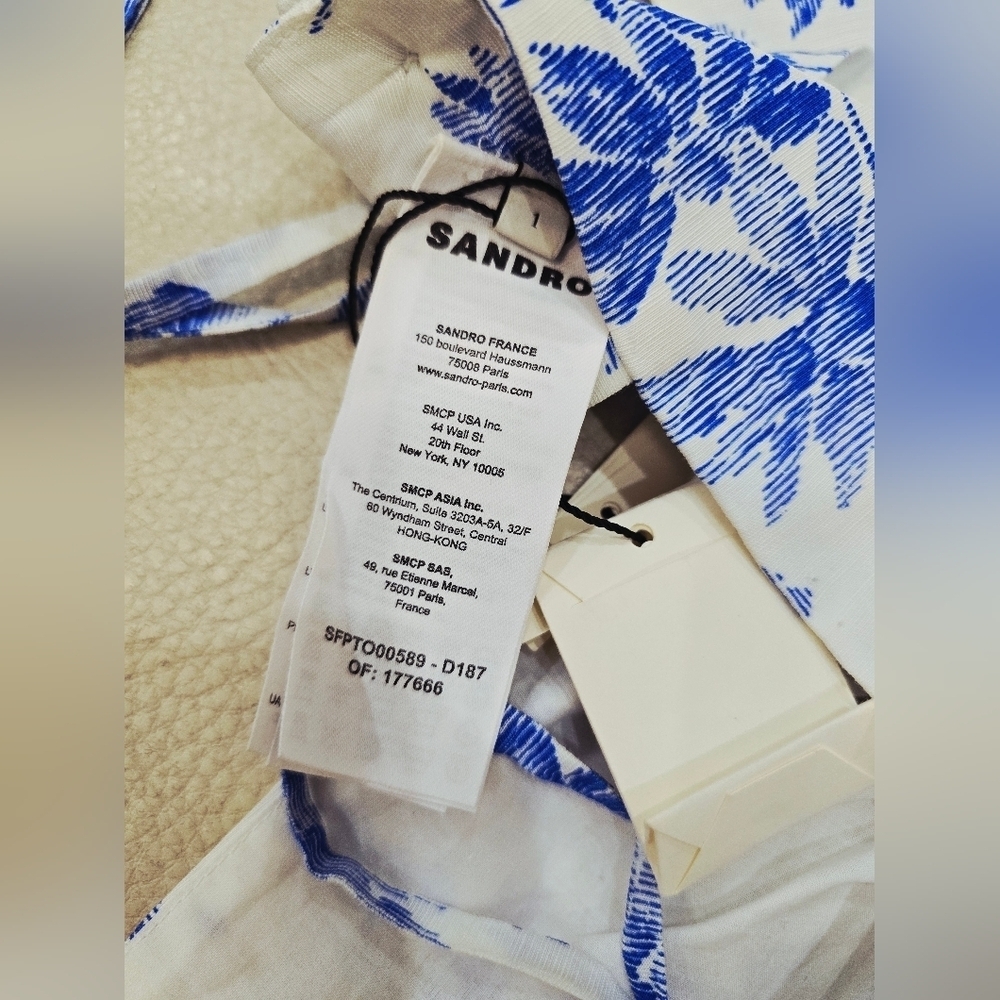SANDRO Floral Blue WHITE CROP Bralette Top LINEN VISCOSE lined Size 1 S - Picture 7 of 15